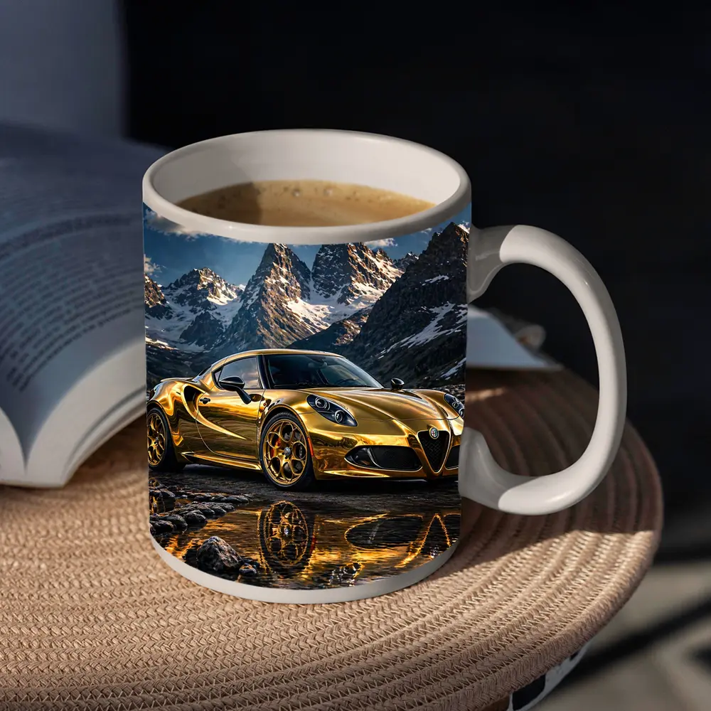 Gold Alfa Romeo 4C Mountain Reflection Scene – Mugs