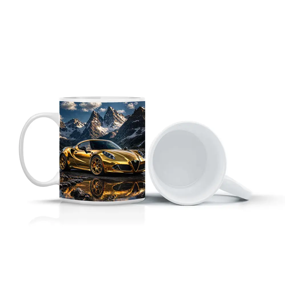 Gold Alfa Romeo 4C Mountain Reflection Scene – Mugs