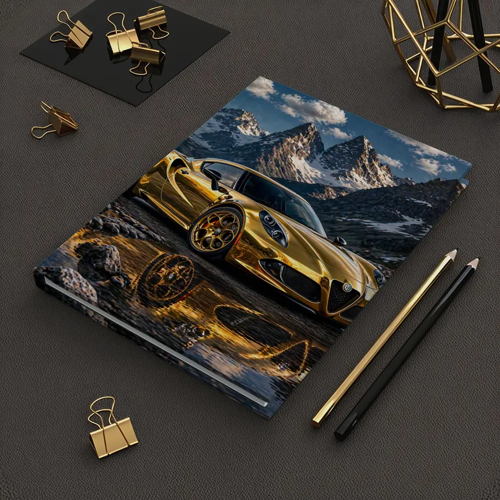Gold Alfa Romeo 4C Mountain Reflection Scene – Notebooks
