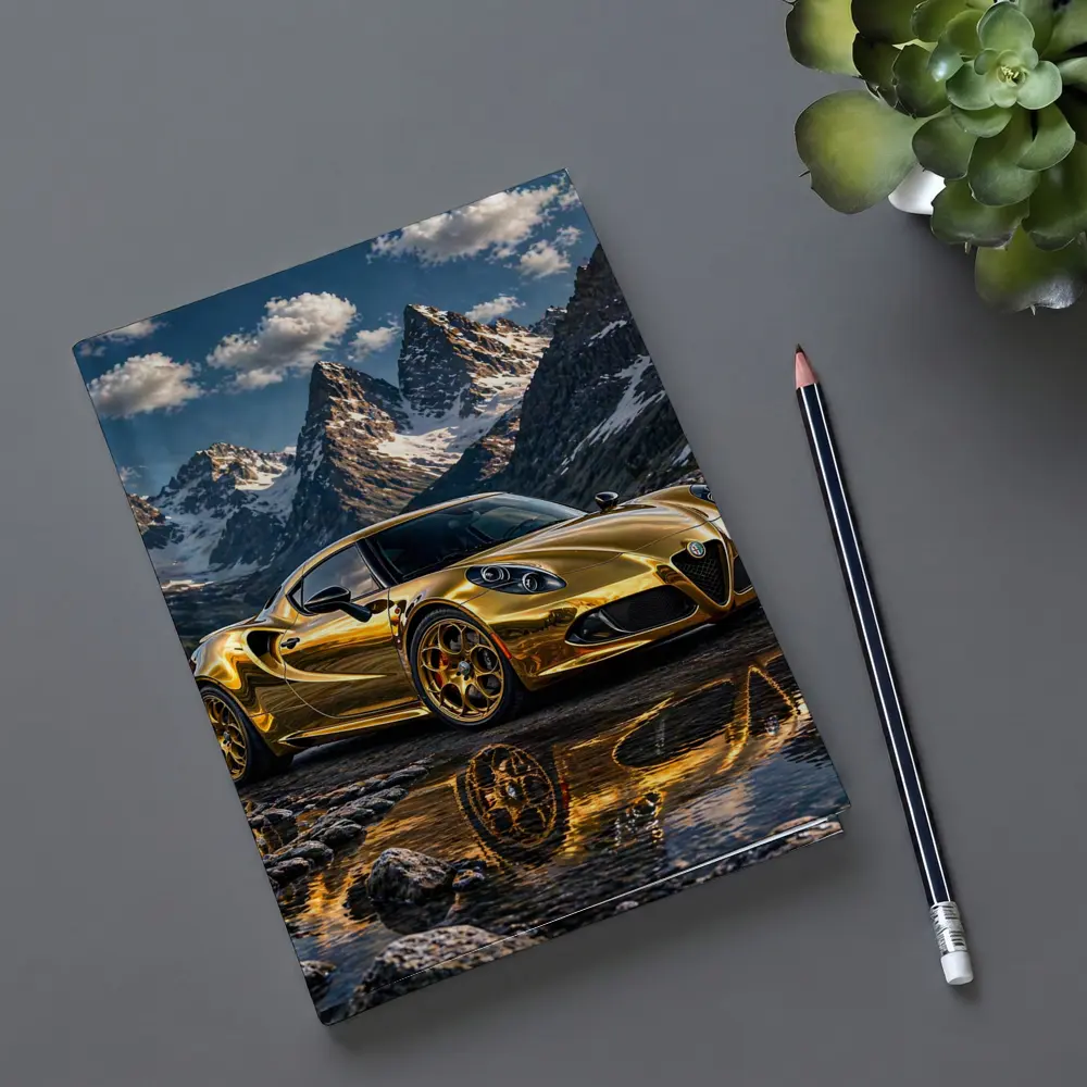 Gold Alfa Romeo 4C Mountain Reflection Scene – Notebooks