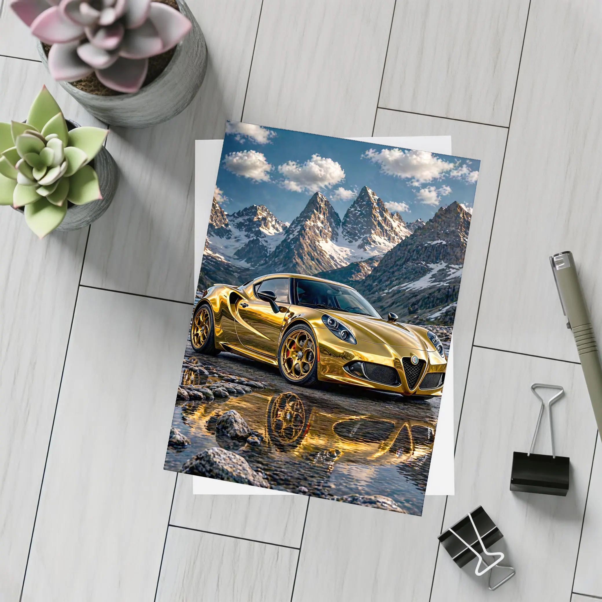 Gold Alfa Romeo 4C Mountain Reflection Scene – Postcards