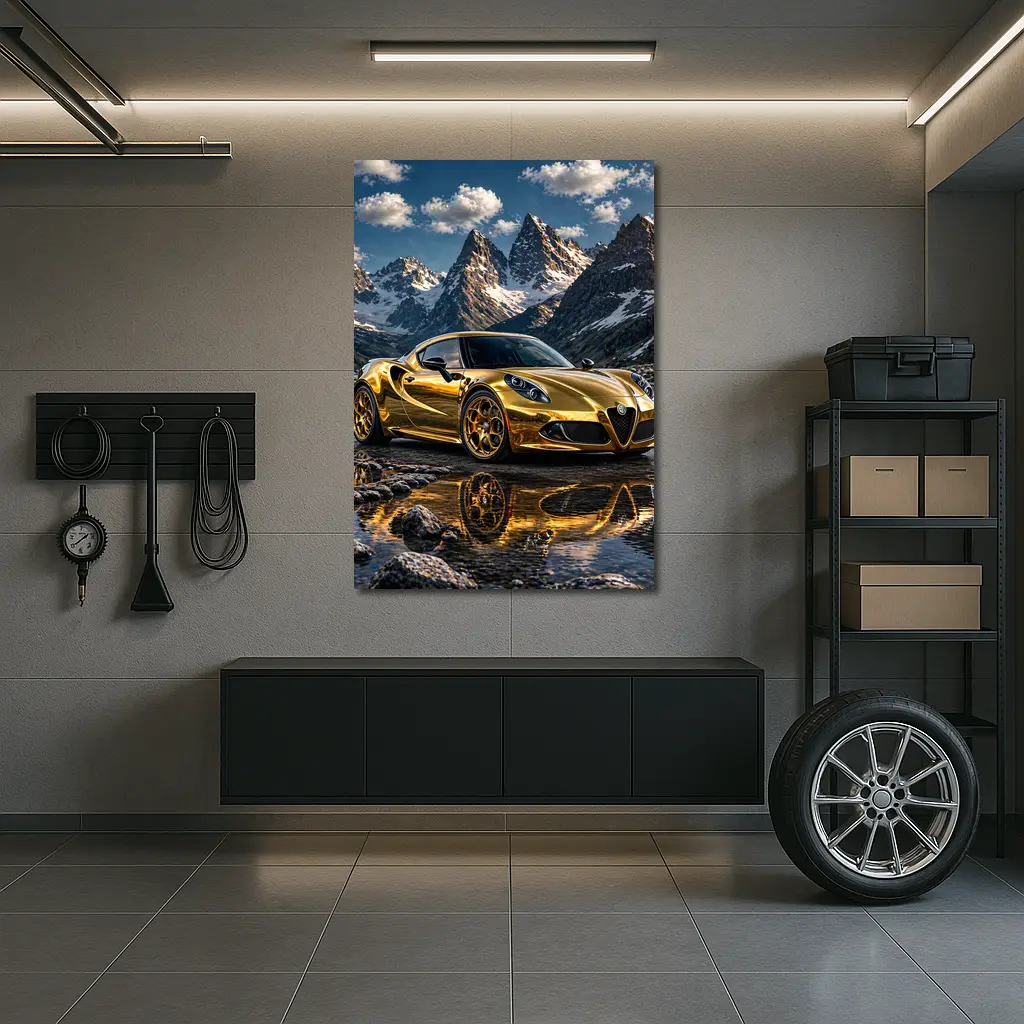 Gold Alfa Romeo 4C Mountain Reflection Scene – Wall Art