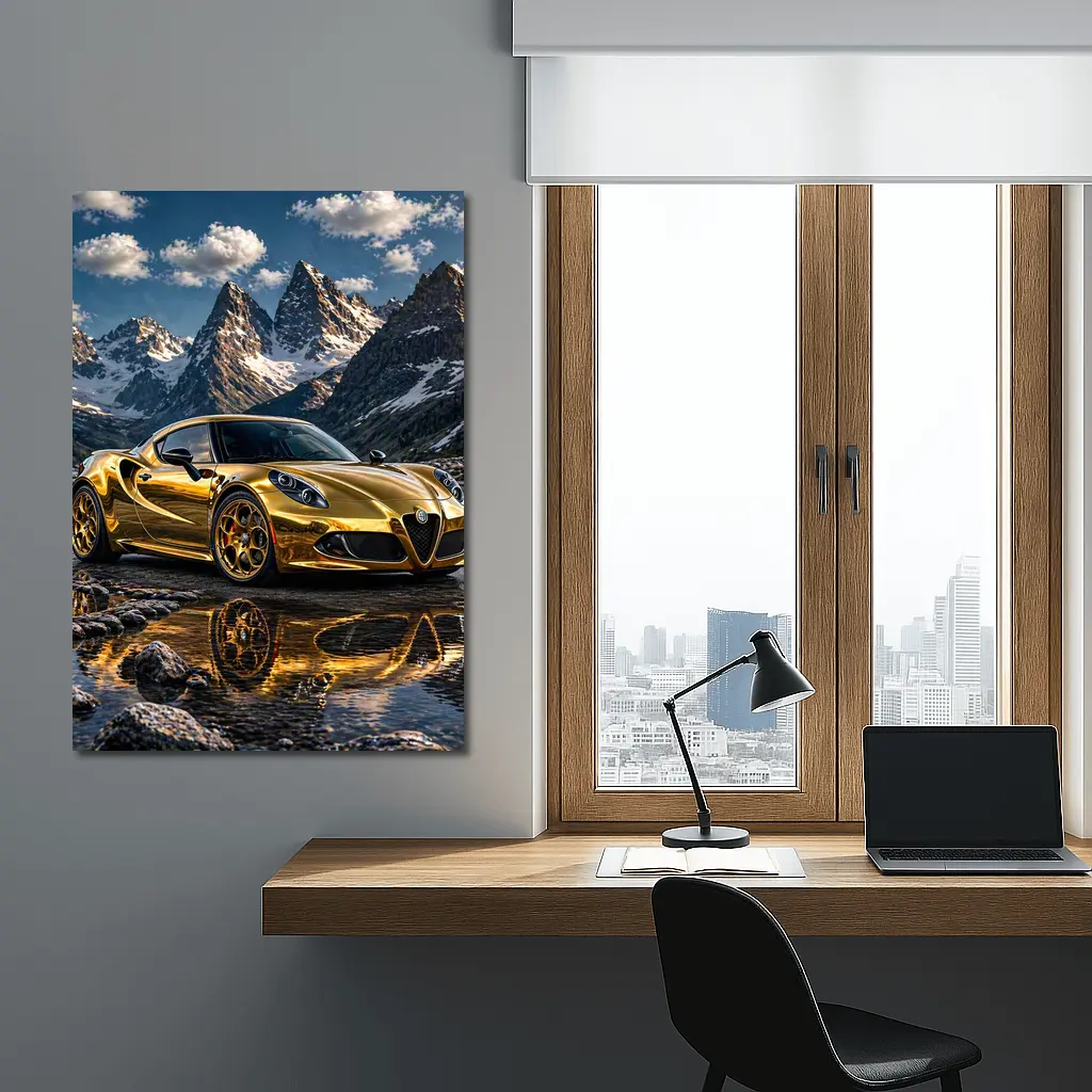 Gold Alfa Romeo 4C Mountain Reflection Scene – Wall Art