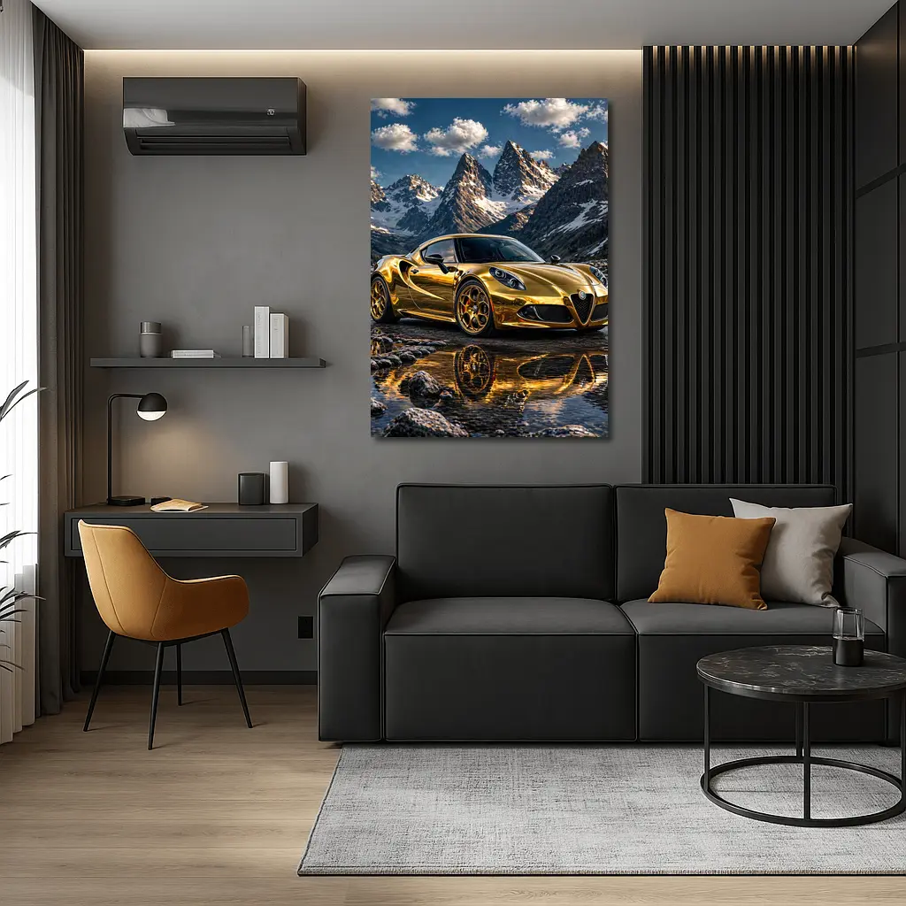 Gold Alfa Romeo 4C Mountain Reflection Scene – Wall Art