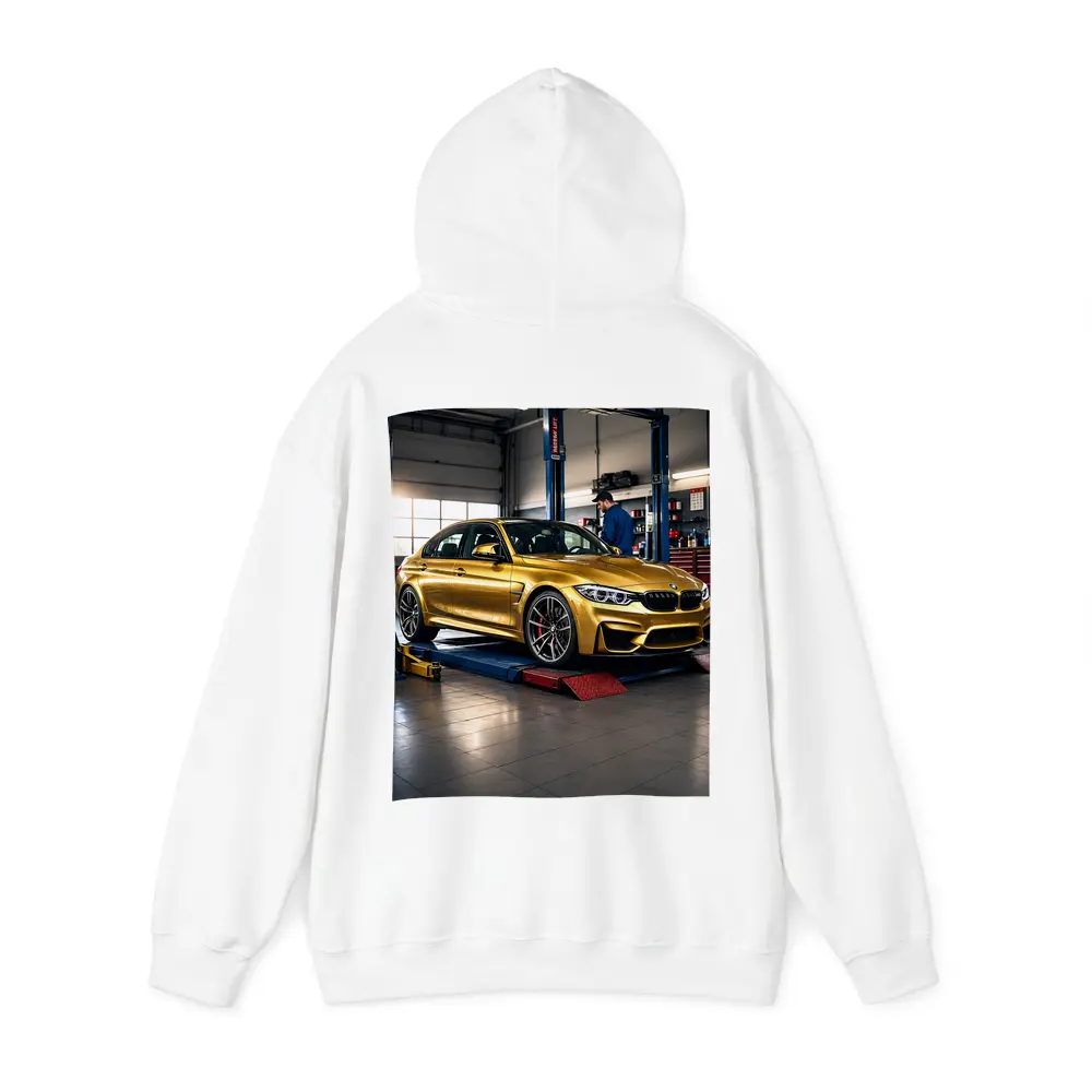 Gold BMW M3 Inside Auto Service Garage – Hoodies