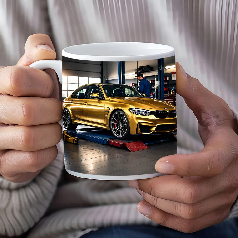 Gold BMW M3 Inside Auto Service Garage – Mugs