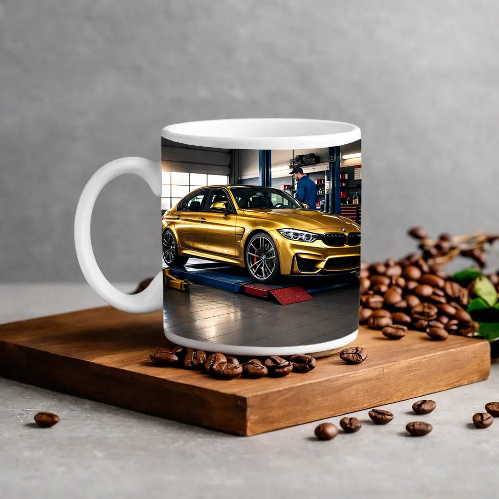 Gold BMW M3 Inside Auto Service Garage – Mugs