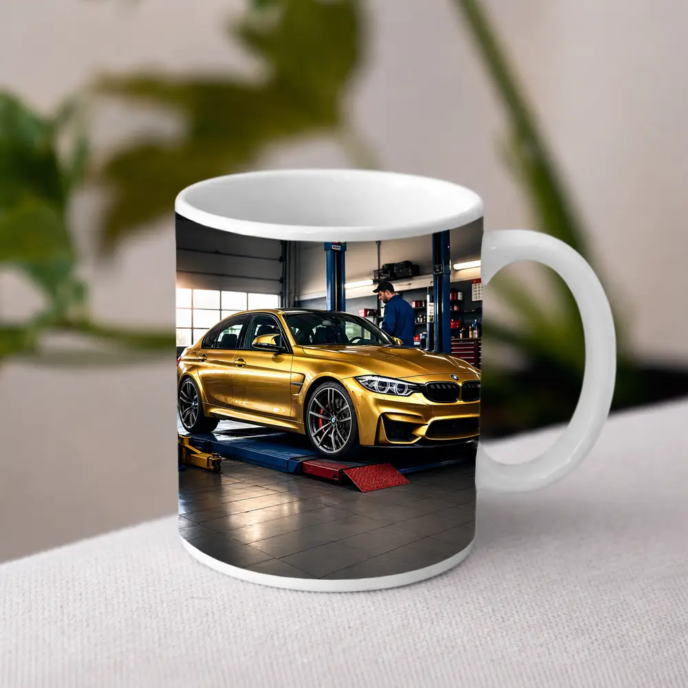 Gold BMW M3 Inside Auto Service Garage – Mugs