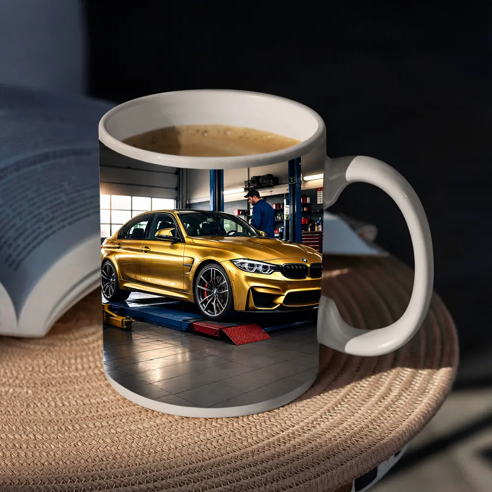 Gold BMW M3 Inside Auto Service Garage – Mugs
