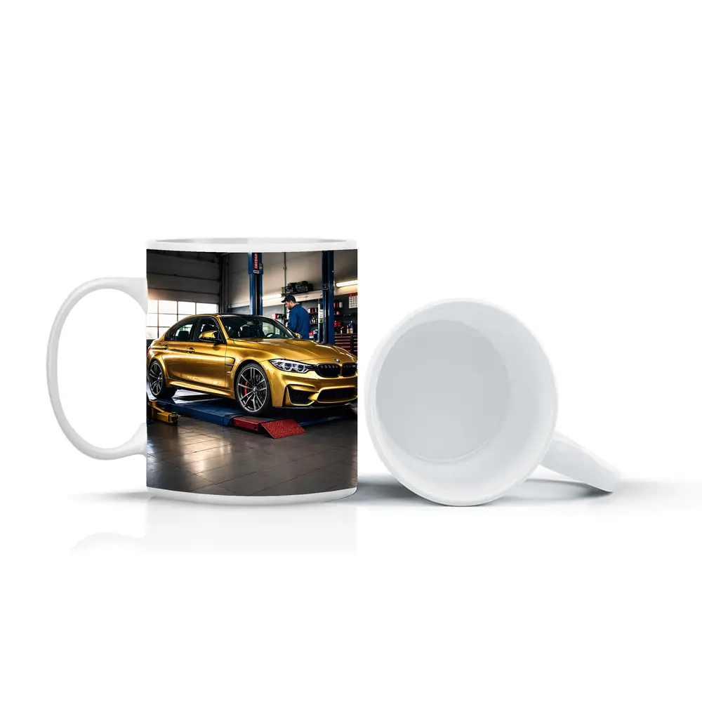 Gold BMW M3 Inside Auto Service Garage – Mugs