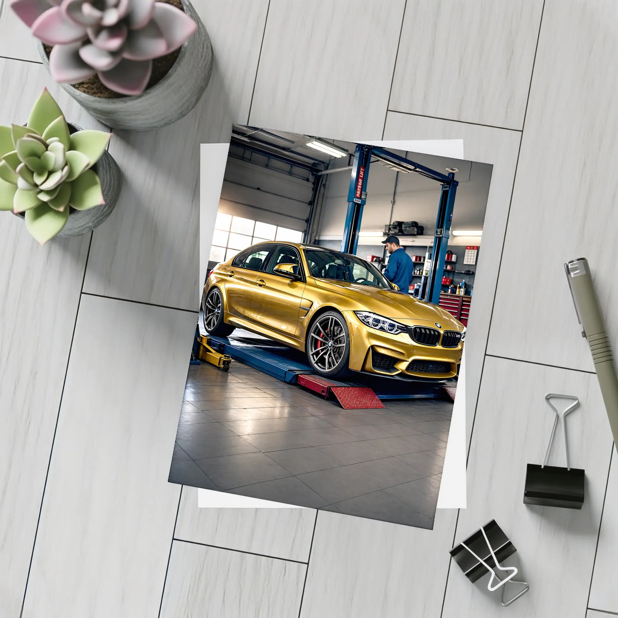 Gold BMW M3 Inside Auto Service Garage – Postcards