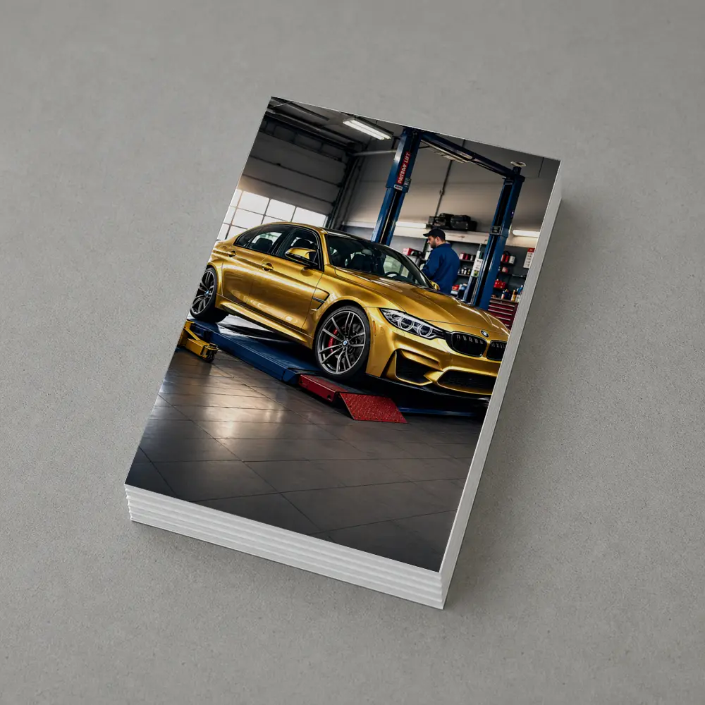 Gold BMW M3 Inside Auto Service Garage – Postcards