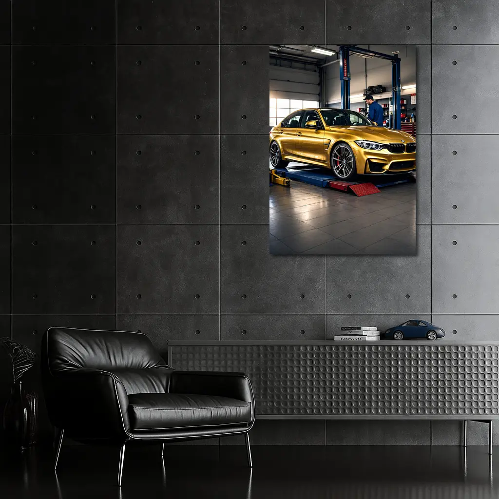 Gold BMW M3 Inside Auto Service Garage – Wall Art