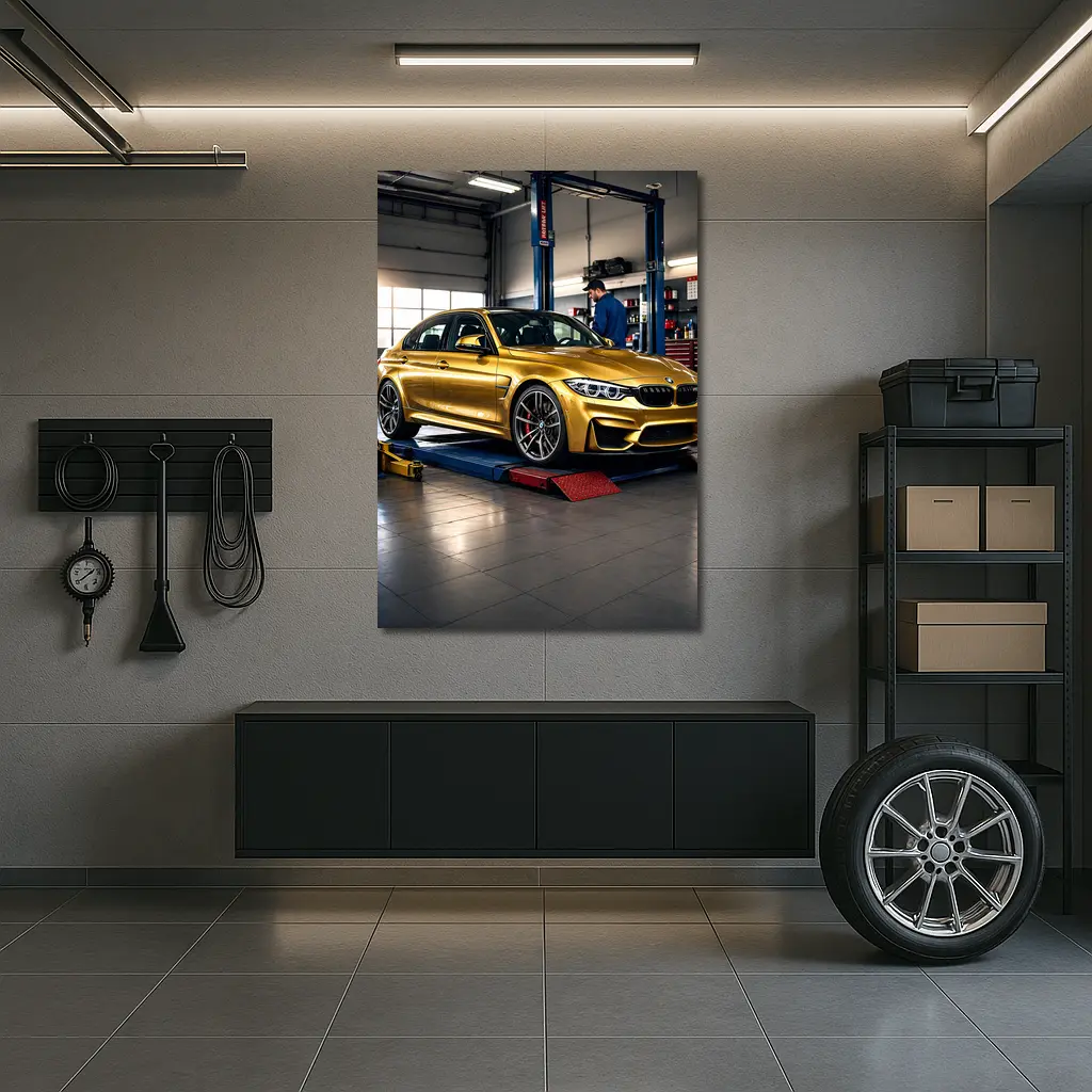 Gold BMW M3 Inside Auto Service Garage – Wall Art