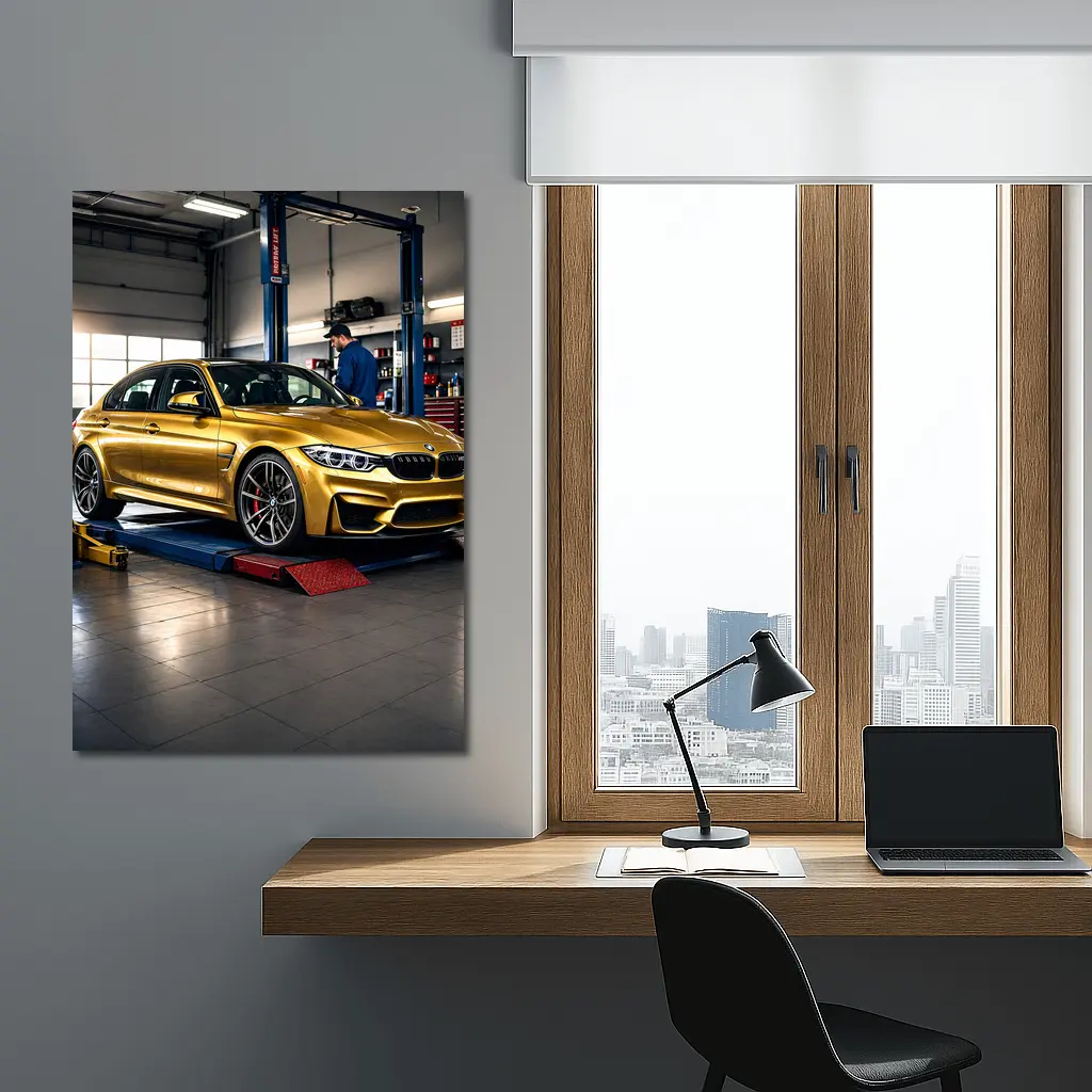 Gold BMW M3 Inside Auto Service Garage – Wall Art
