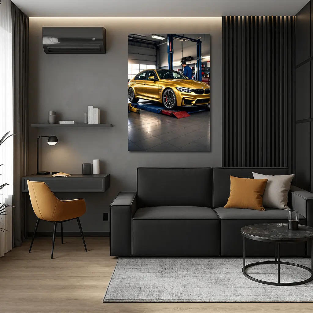 Gold BMW M3 Inside Auto Service Garage – Wall Art