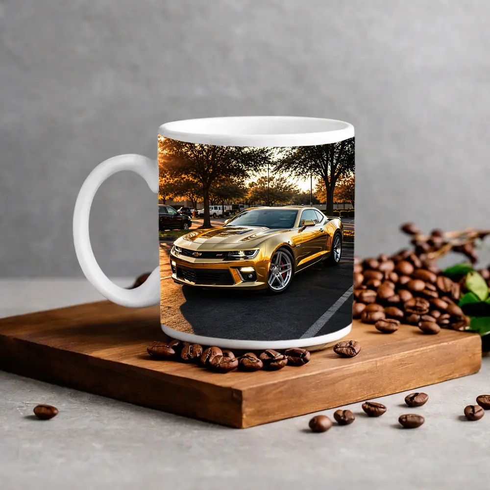 Gold Chevrolet Camaro SS Parking Lot Sunset – Mugs