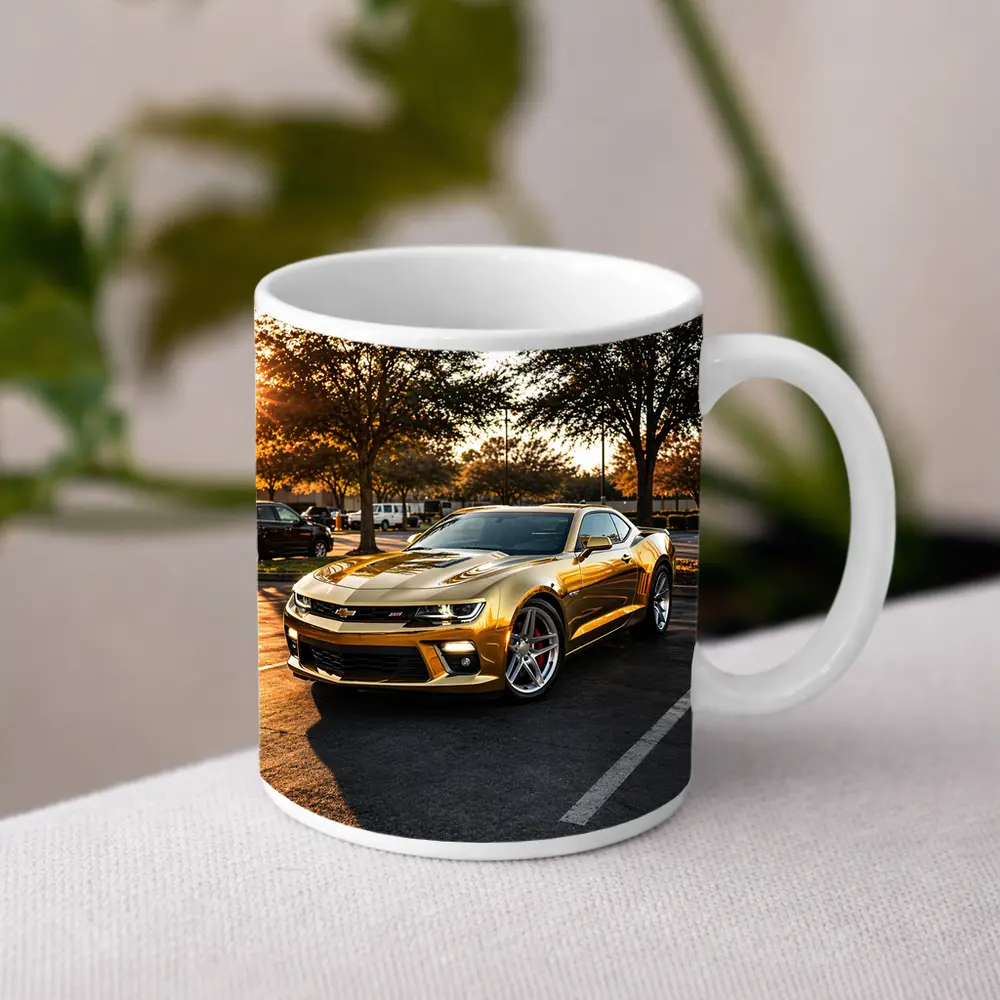 Gold Chevrolet Camaro SS Parking Lot Sunset – Mugs