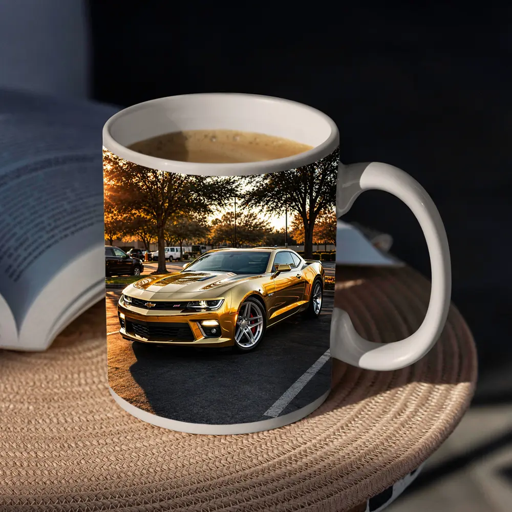 Gold Chevrolet Camaro SS Parking Lot Sunset – Mugs
