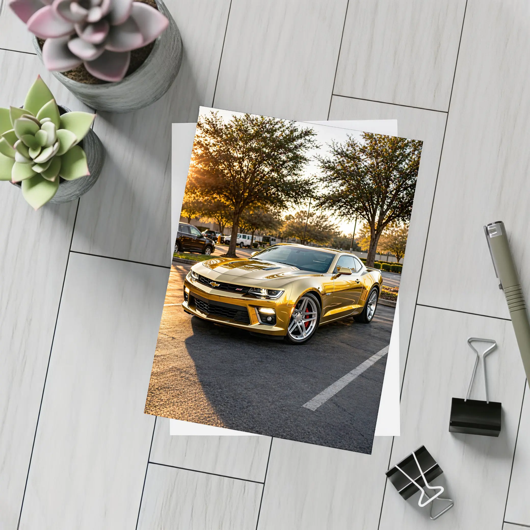 Gold Chevrolet Camaro SS Parking Lot Sunset – Postcards
