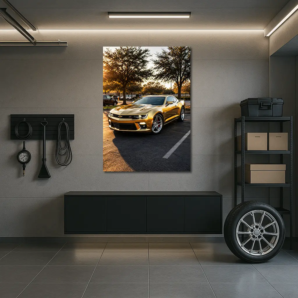 Gold Chevrolet Camaro SS Parking Lot Sunset – Wall Art