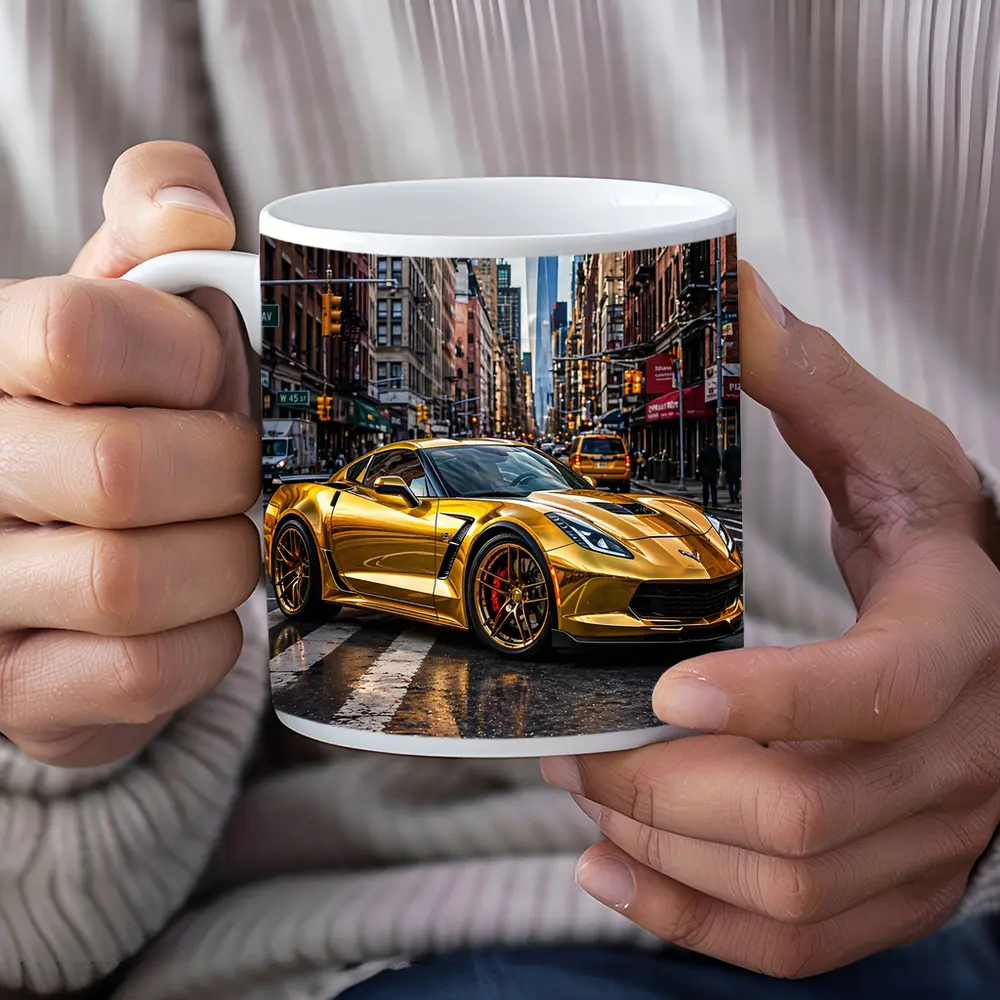 Gold Chevrolet Corvette New York City Street – Mugs