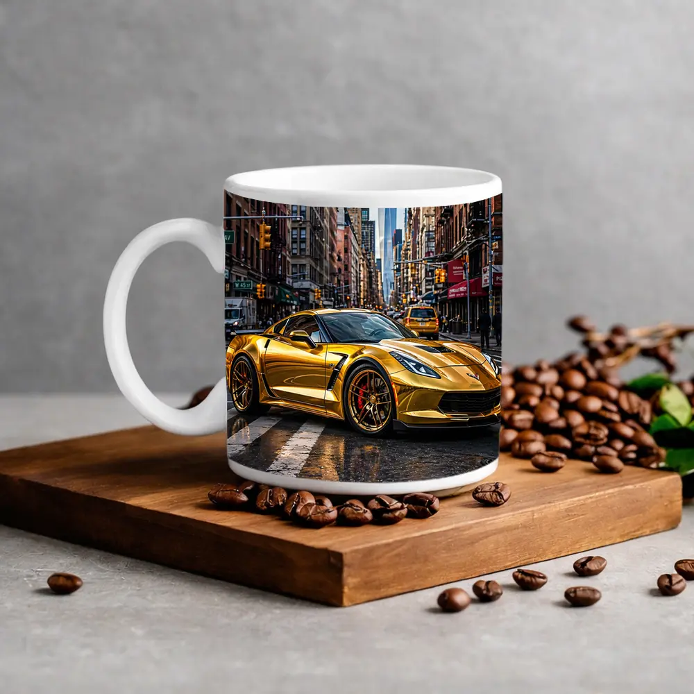 Gold Chevrolet Corvette New York City Street – Mugs