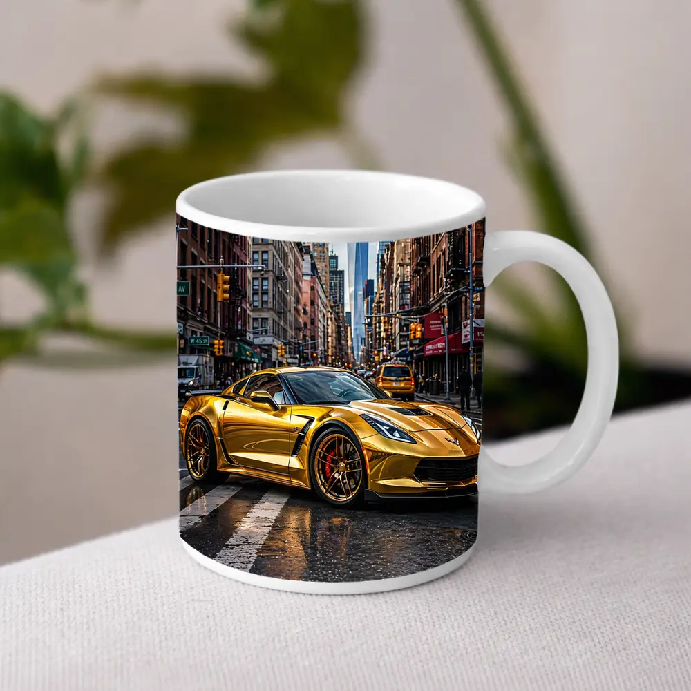 Gold Chevrolet Corvette New York City Street – Mugs