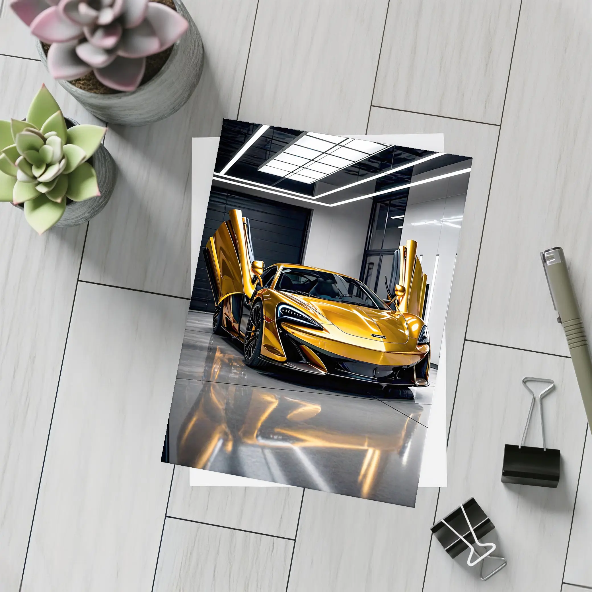 McLaren 600LT Gold Doors Open Garage – Postcards