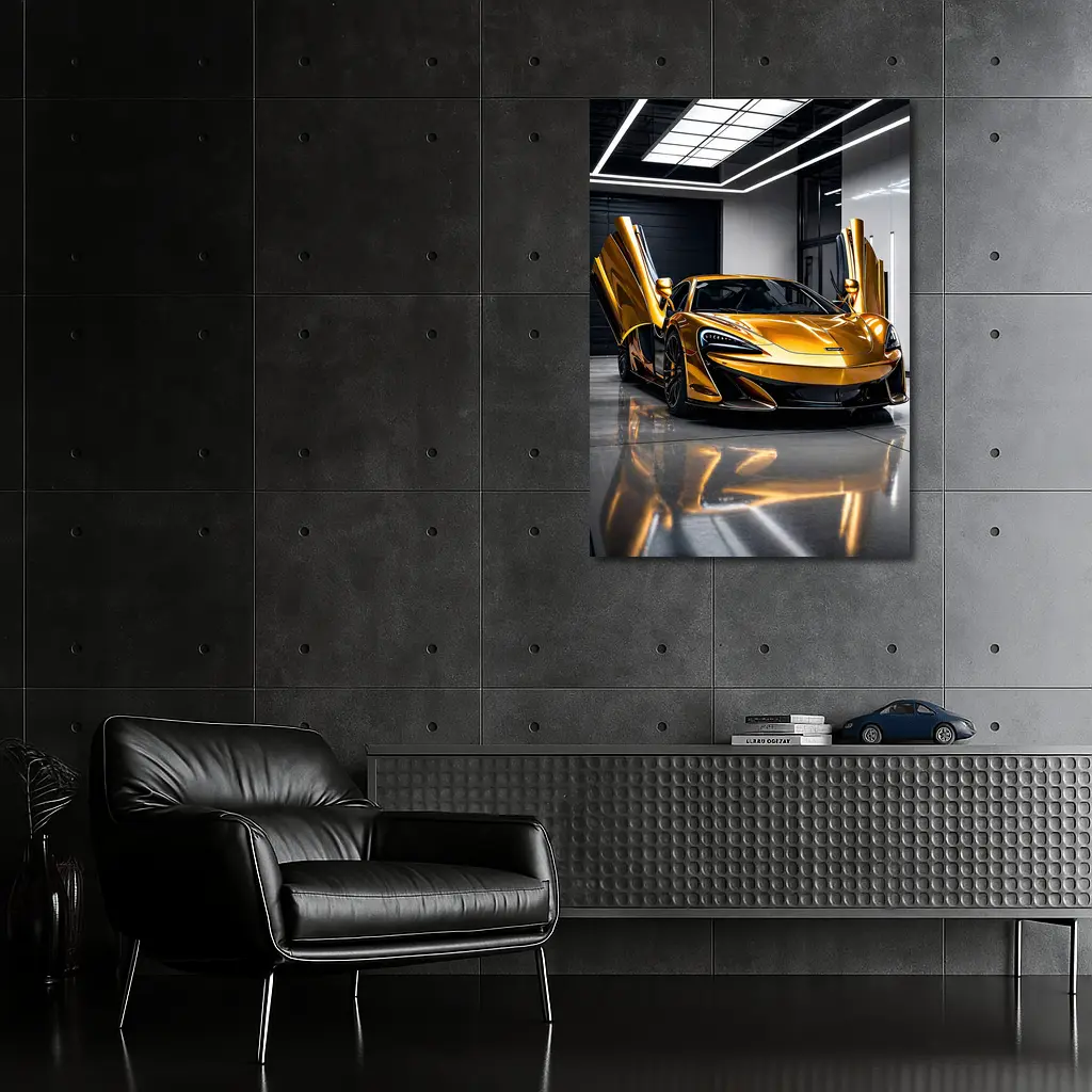 McLaren 600LT Gold Doors Open Garage – Wall Art