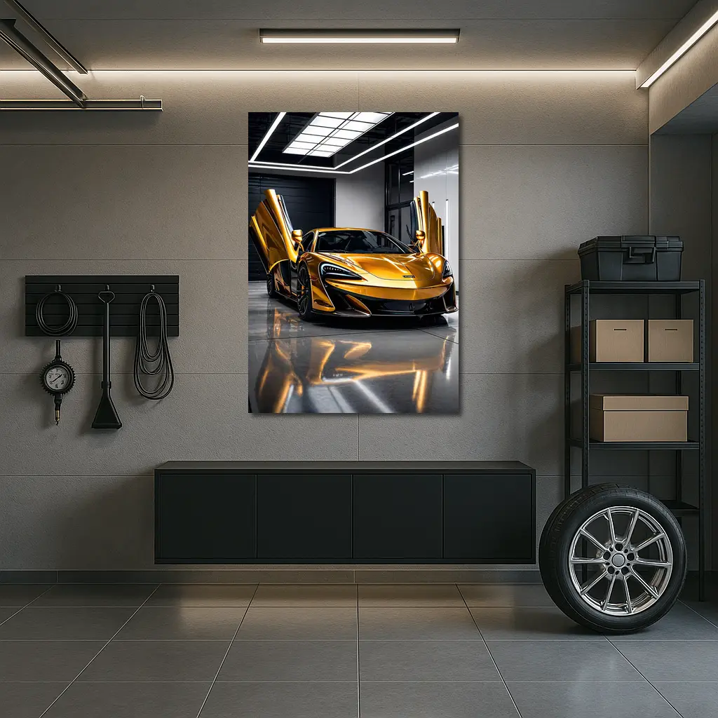 McLaren 600LT Gold Doors Open Garage – Wall Art