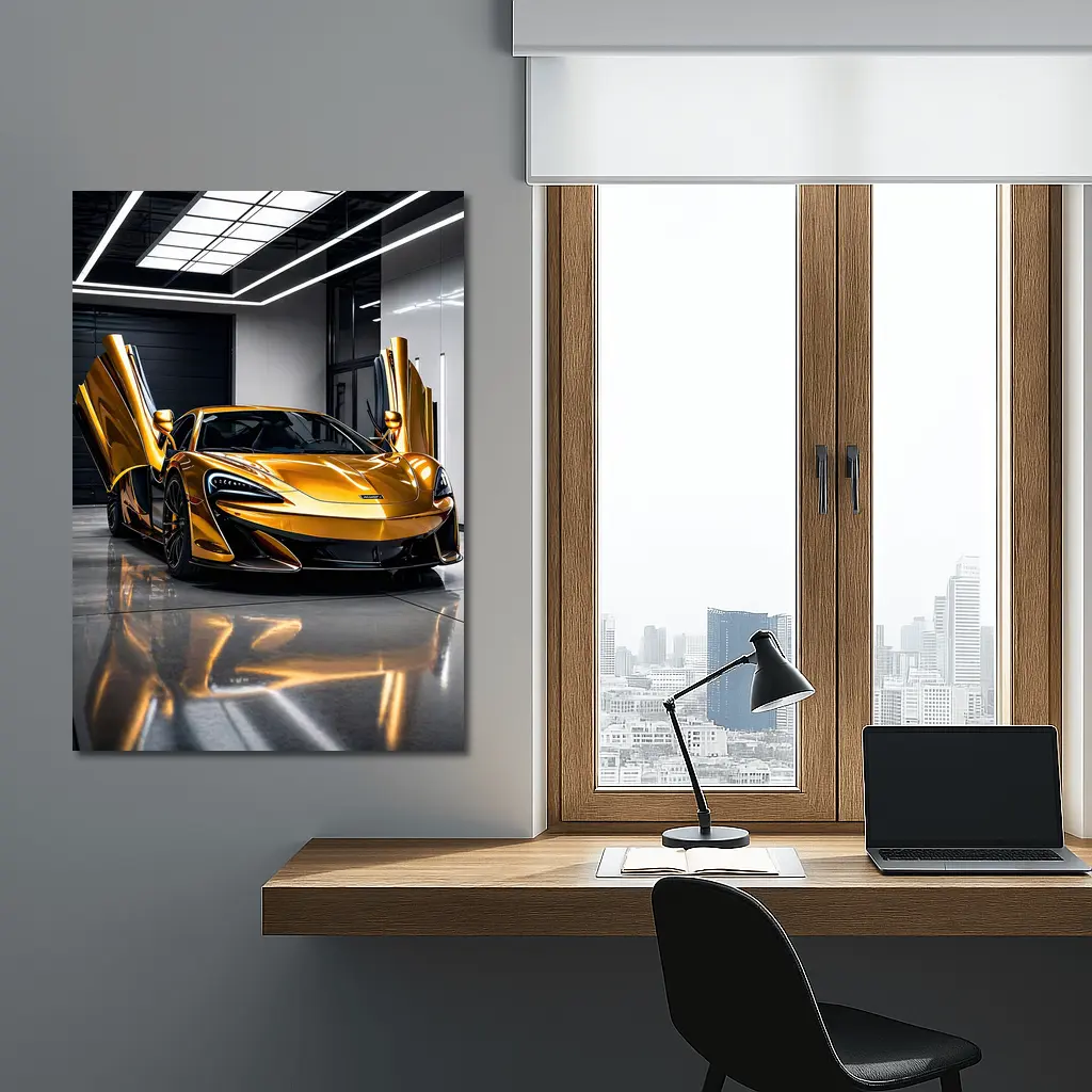 McLaren 600LT Gold Doors Open Garage – Wall Art