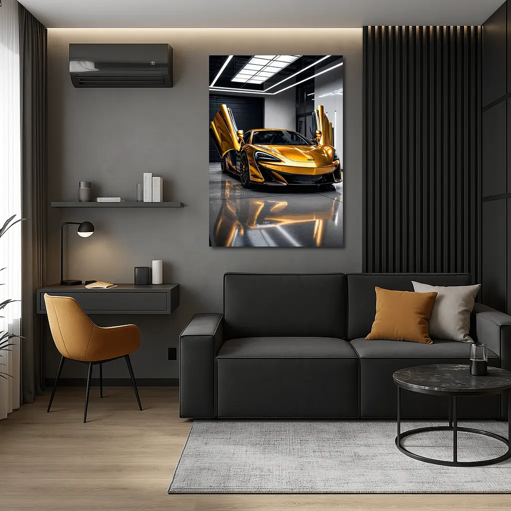 McLaren 600LT Gold Doors Open Garage – Wall Art