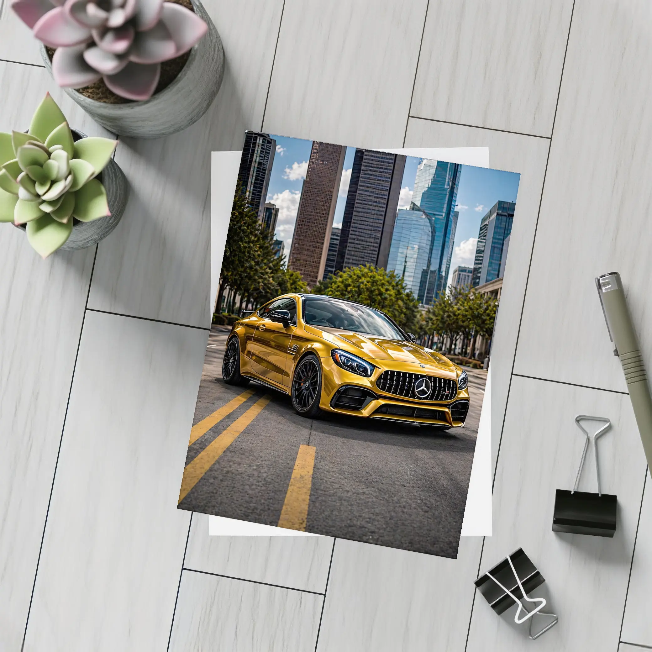 Gold Mercedes AMG GT City Skyline – Postcards