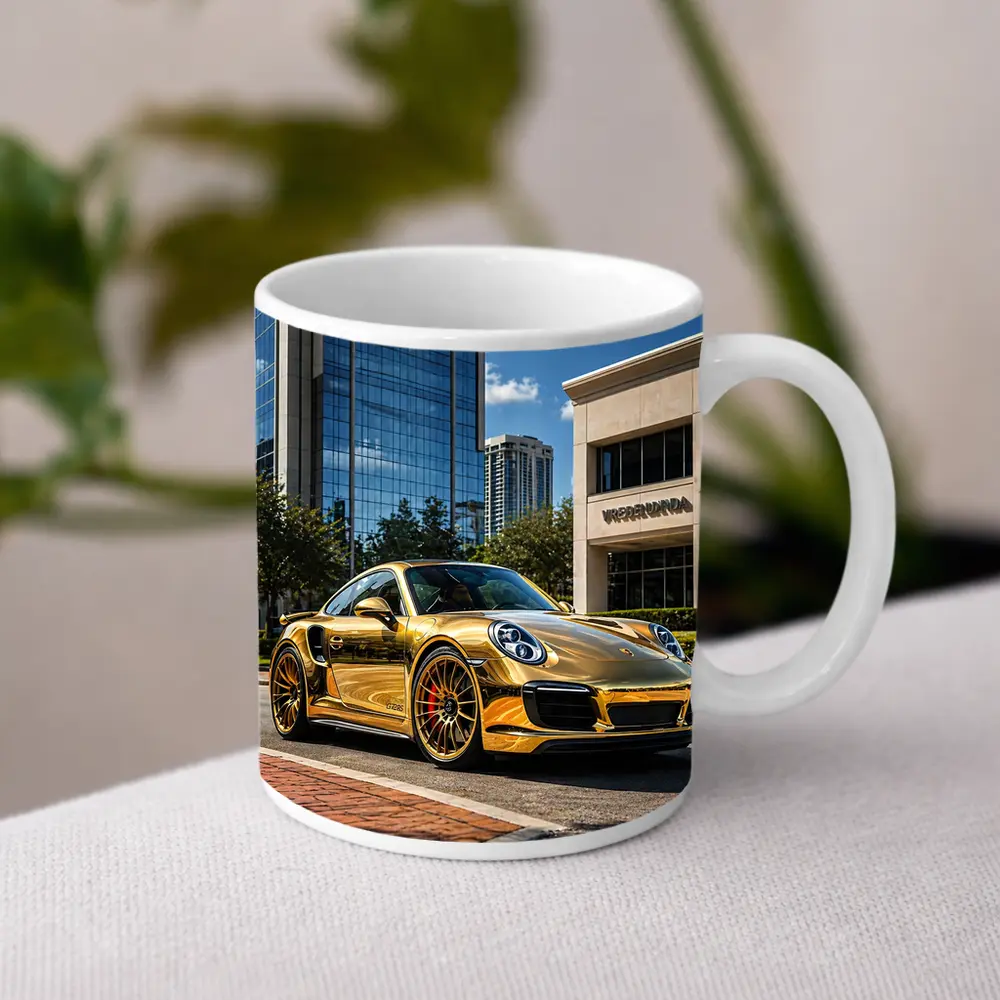 Gold Porsche 911 City Urban Background – Mugs