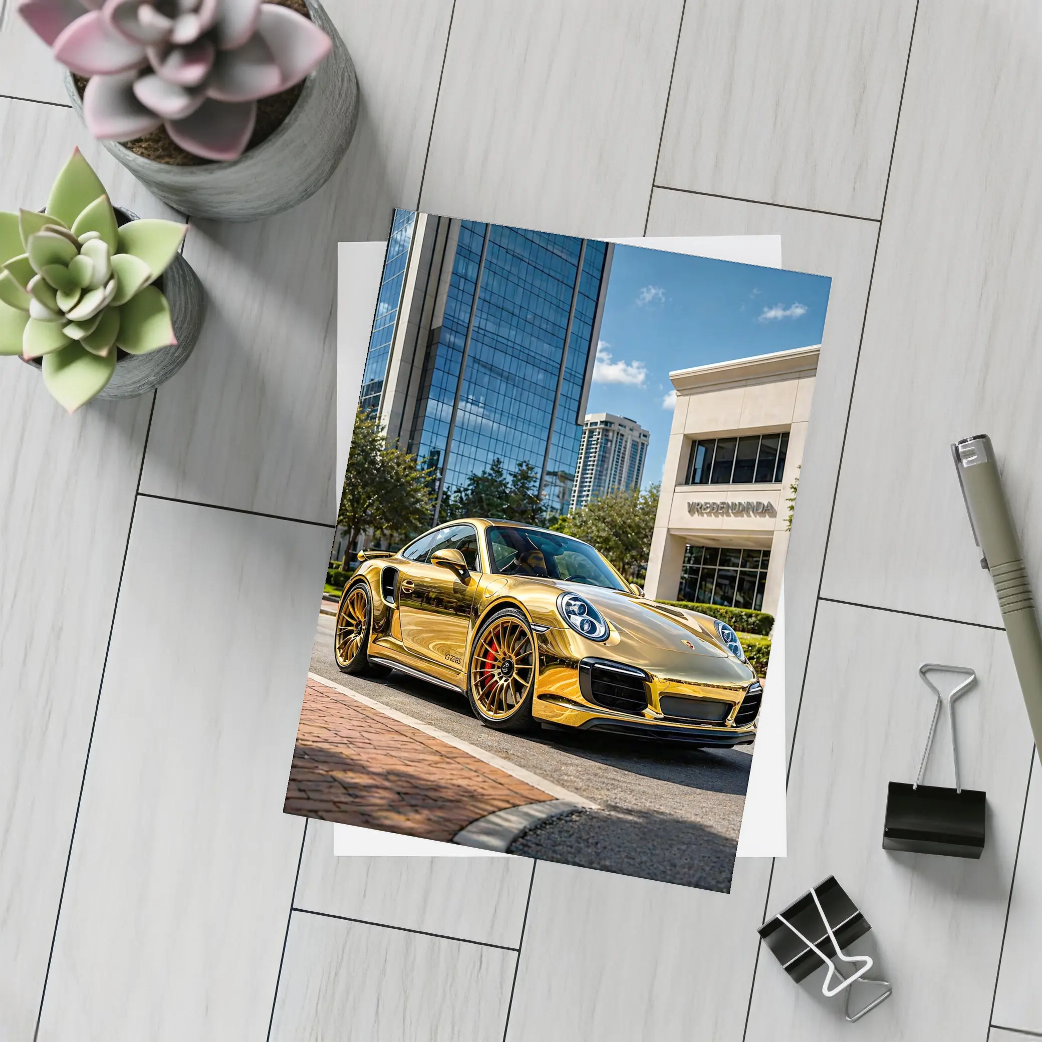 Gold Porsche 911 City Urban Background – Postcards