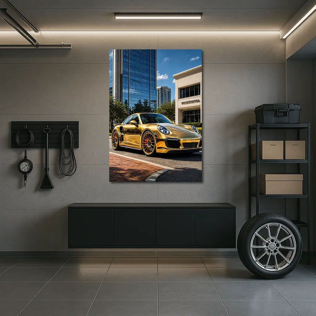 Gold Porsche 911 City Urban Background – Wall Art