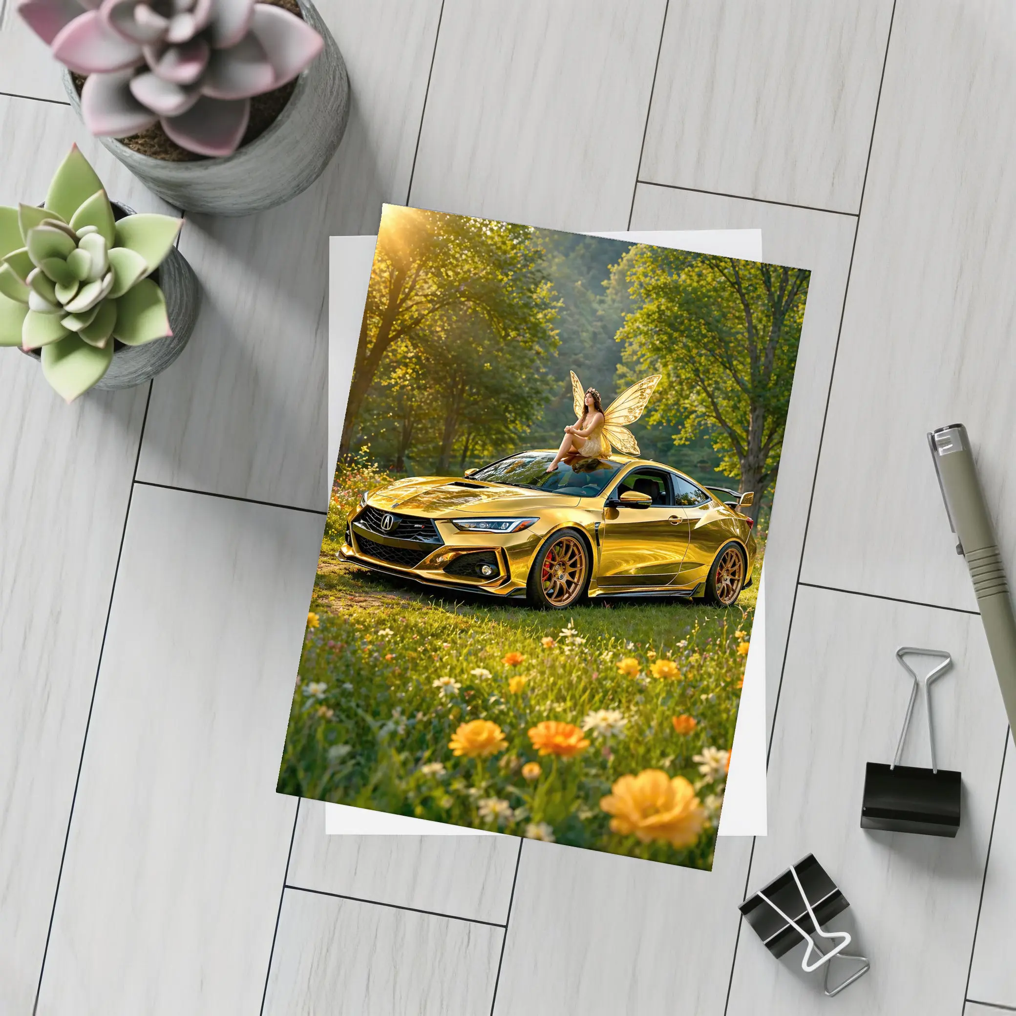 Gold Acura Integra Fairy Meadow Scene – Postcards
