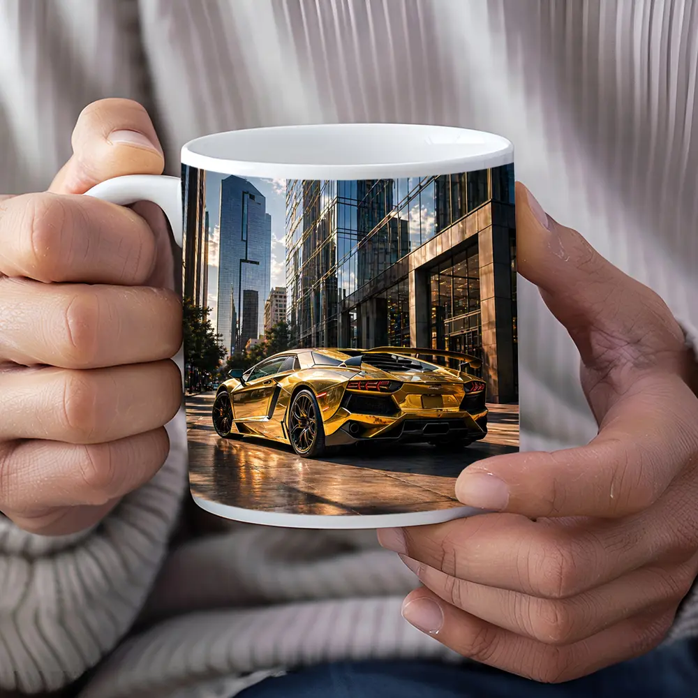 Gold Lamborghini Aventador City Street Scene – Mugs