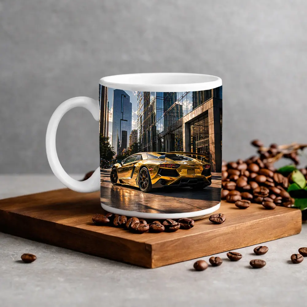 Gold Lamborghini Aventador City Street Scene – Mugs