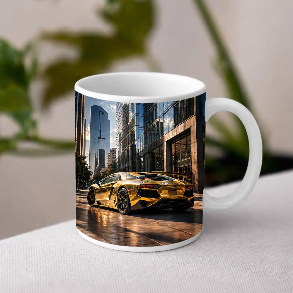 Gold Lamborghini Aventador City Street Scene – Mugs