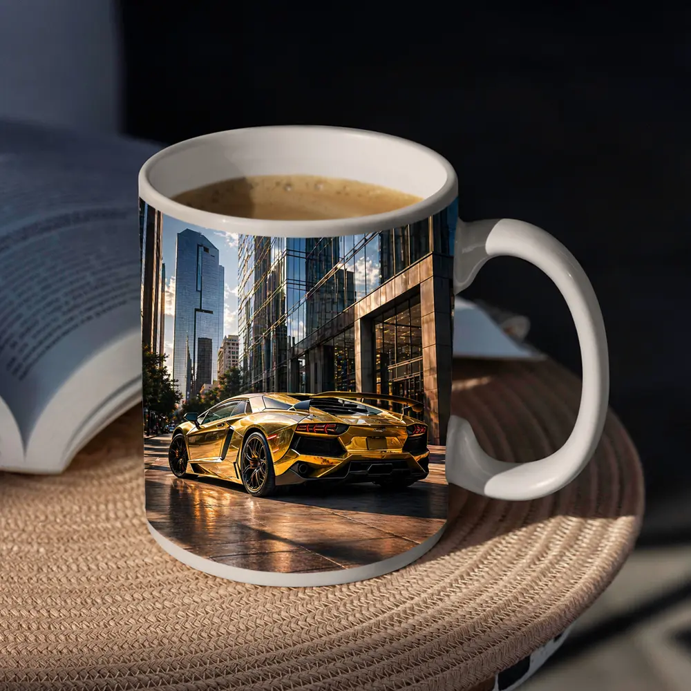 Gold Lamborghini Aventador City Street Scene – Mugs