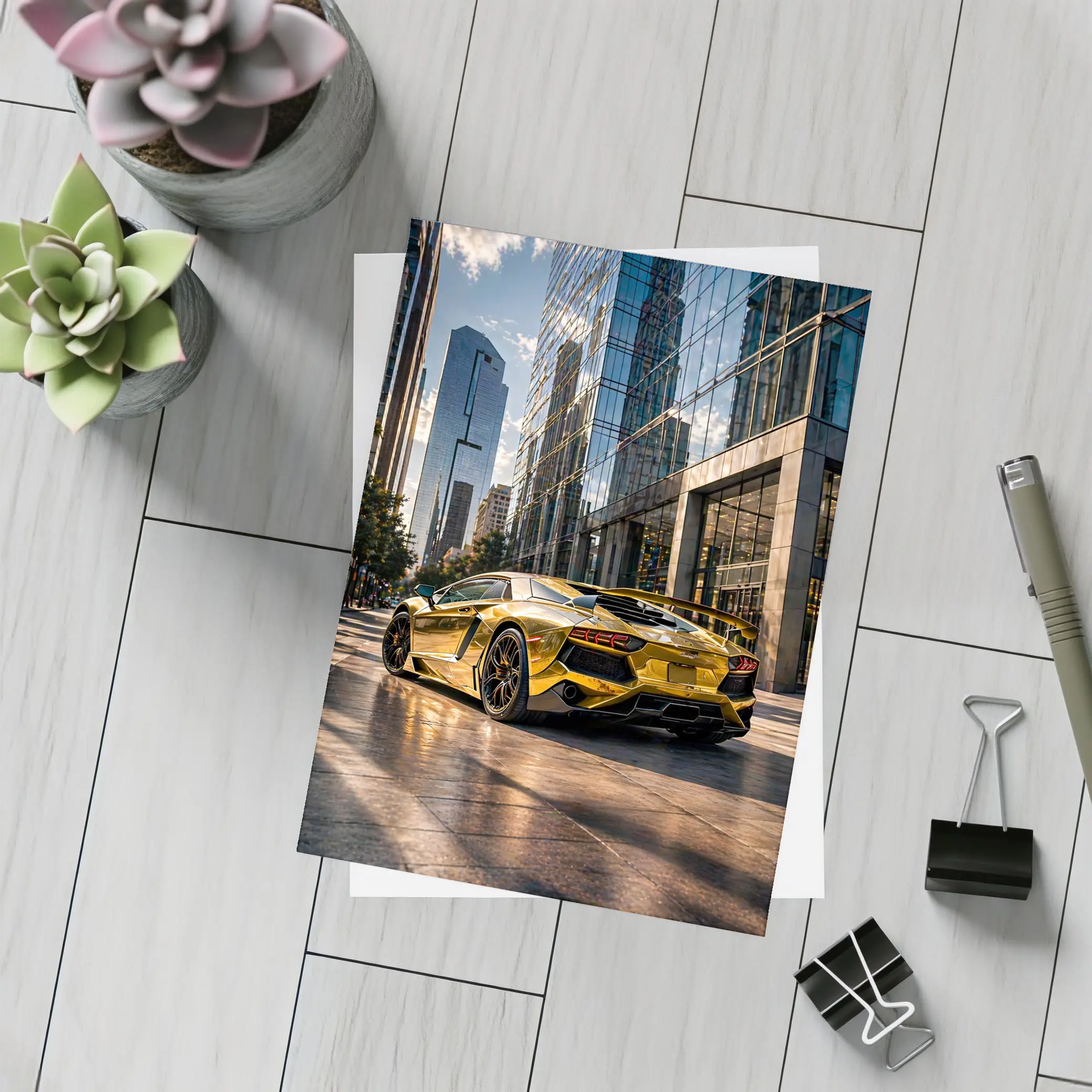 Gold Lamborghini Aventador City Street Scene – Postcards