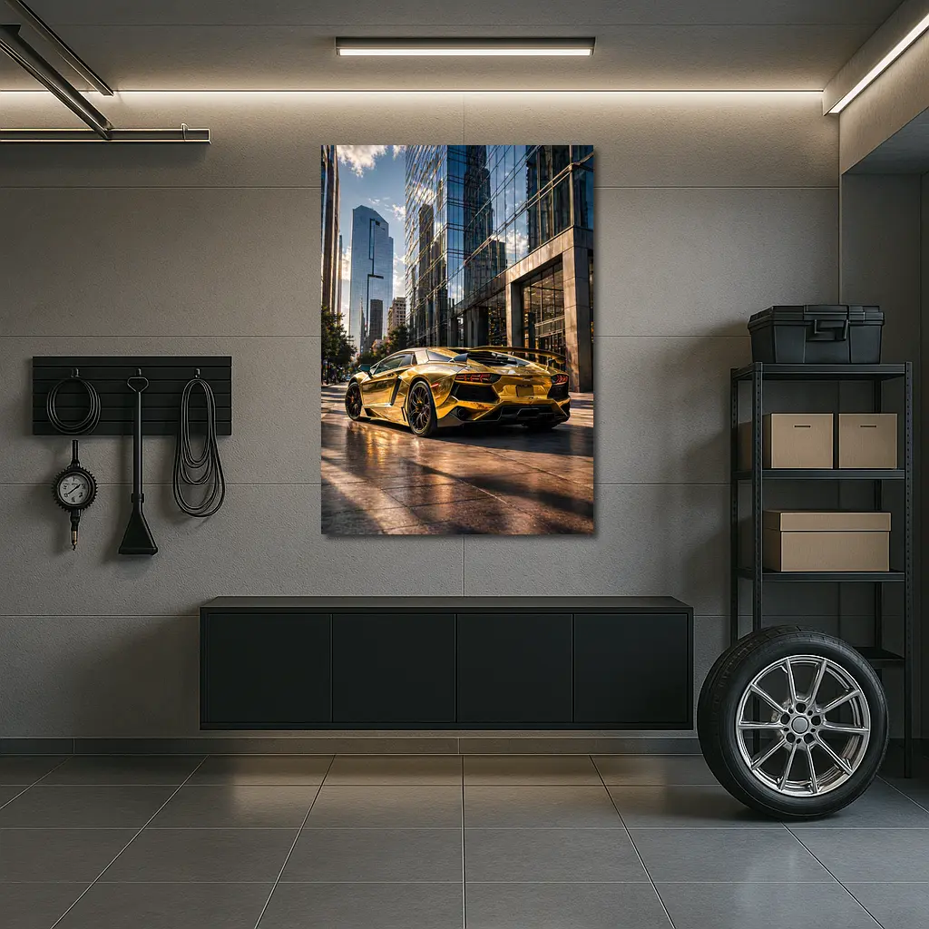 Gold Lamborghini Aventador City Street Scene – Wall Art