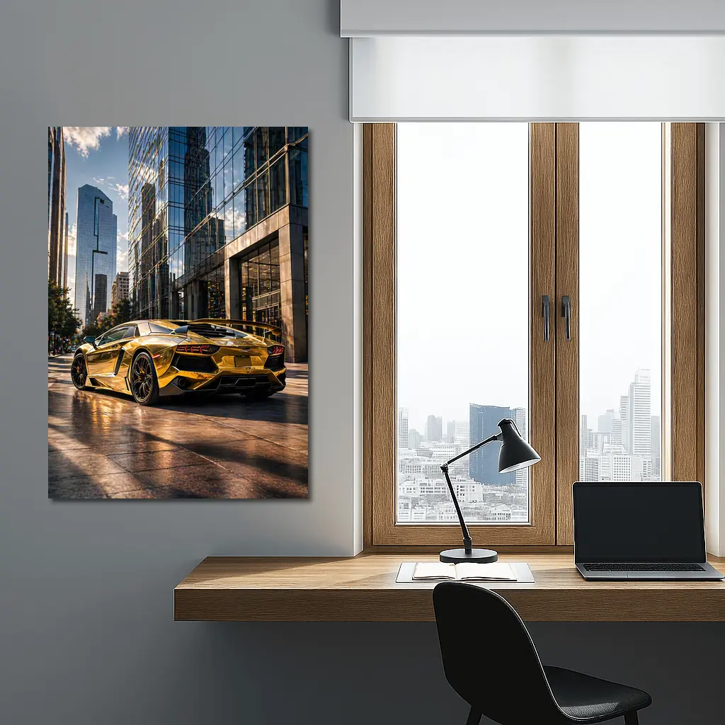 Gold Lamborghini Aventador City Street Scene – Wall Art