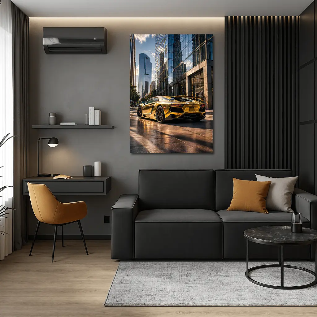 Gold Lamborghini Aventador City Street Scene – Wall Art