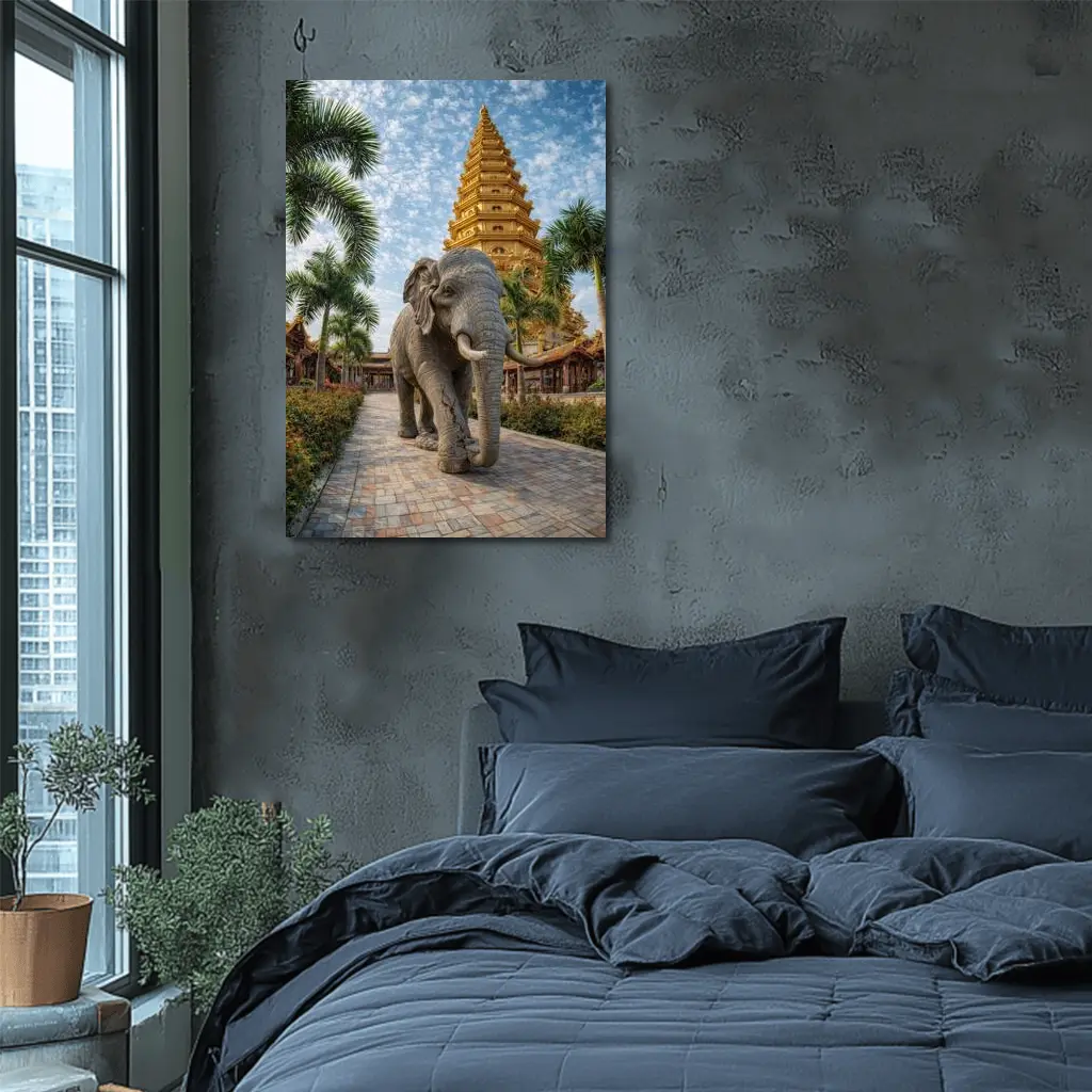 Elephant Walking Toward Golden Buddhist Pagoda – Wall Art