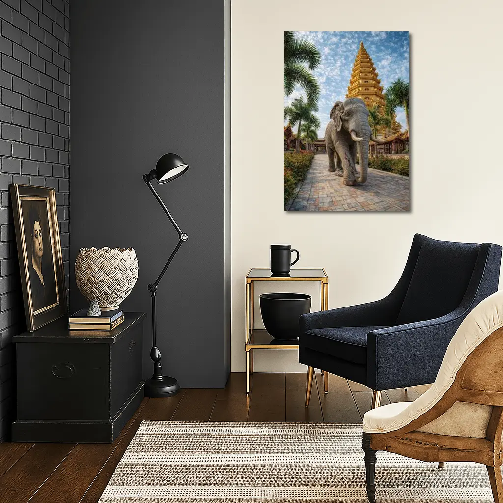 Elephant Walking Toward Golden Buddhist Pagoda – Wall Art
