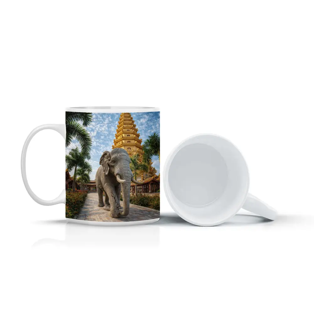 Elephant Walking Toward Golden Buddhist Pagoda – Mugs