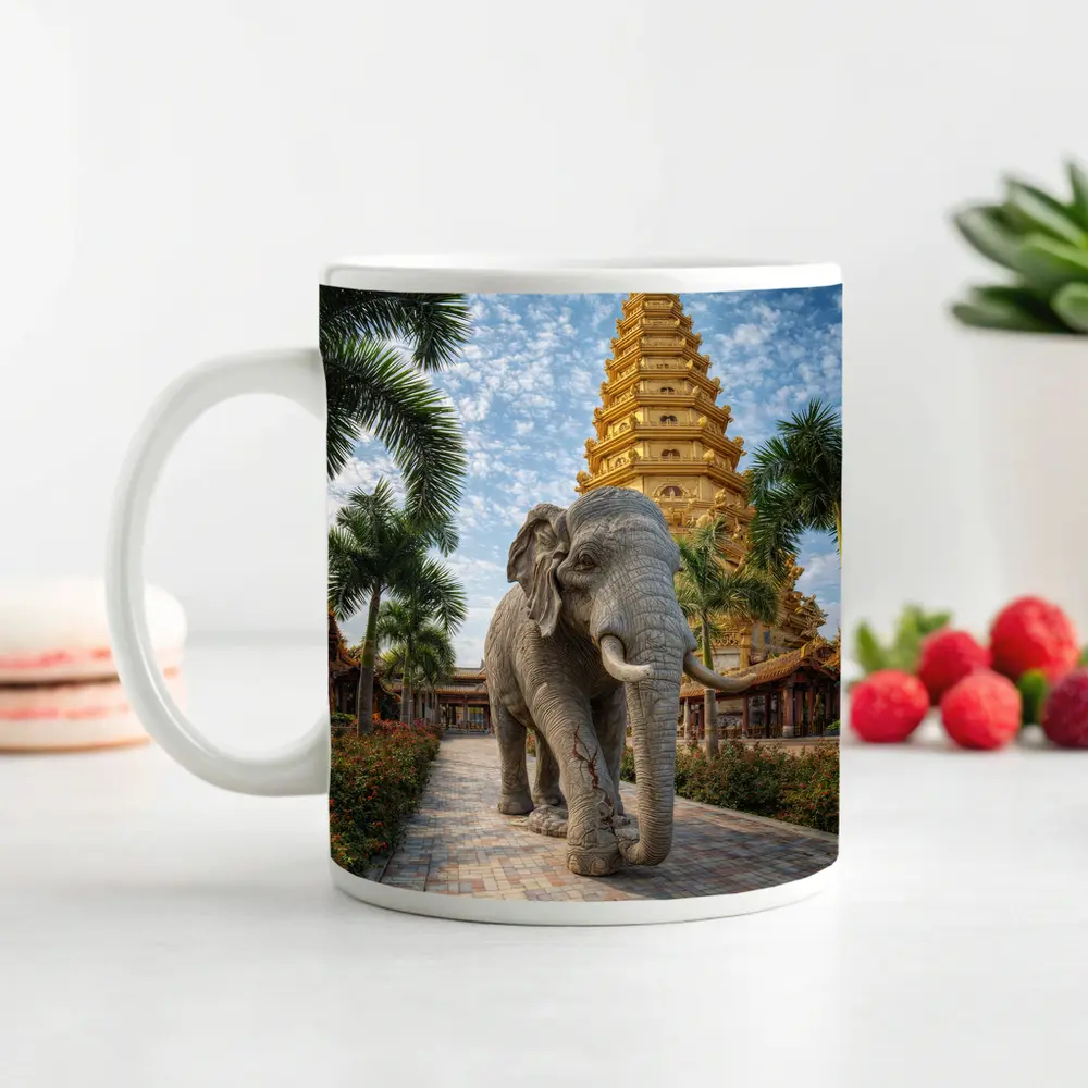 Elephant Walking Toward Golden Buddhist Pagoda – Mugs